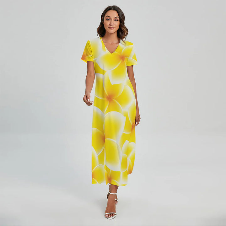 Yellow Frangipani Pattern Print Short Sleeve Maxi Dress