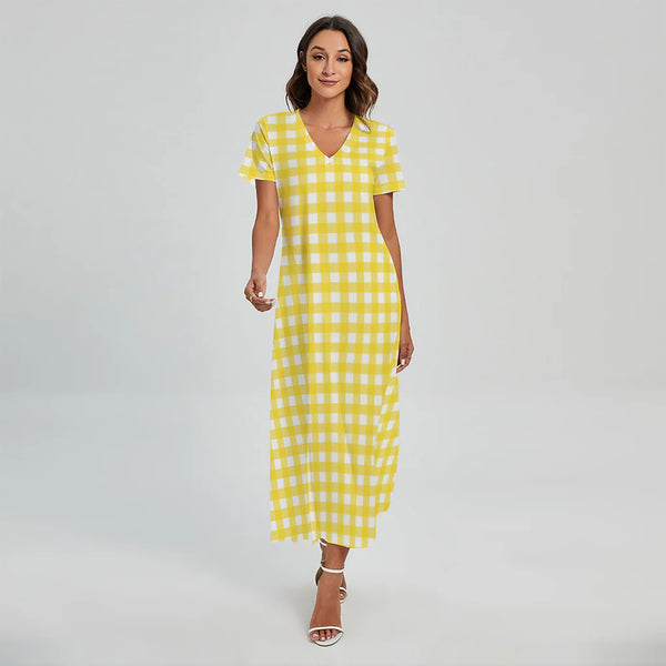 Yellow And White Check Pattern Print Short Sleeve Maxi Dress