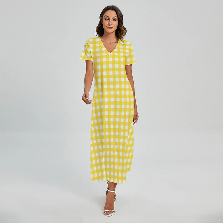 Yellow And White Check Pattern Print Short Sleeve Maxi Dress