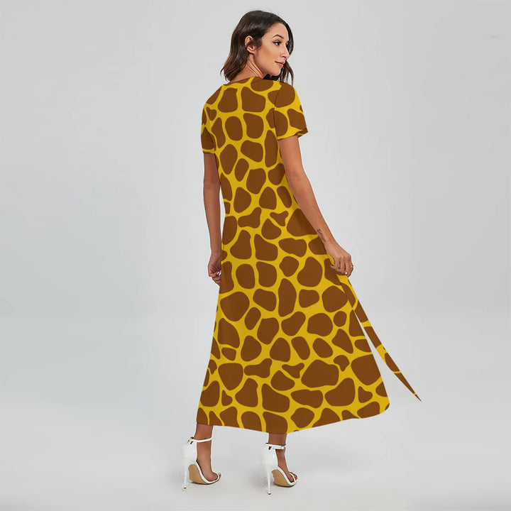 Yellow Brown Giraffe Pattern Print Short Sleeve Maxi Dress
