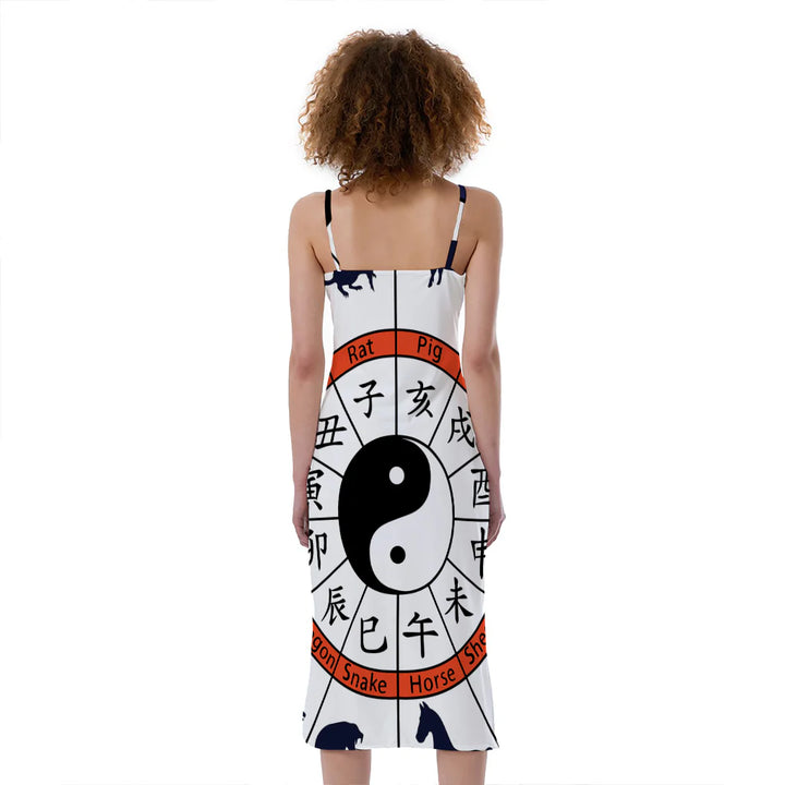 Yin Yang Chinese Zodiac Wheel Print Slim Fit Midi Cami Dress