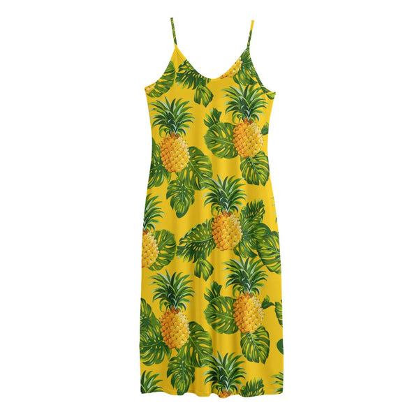 Yellow Tropical Pineapple Pattern Print Jersey Midi Cami Dress