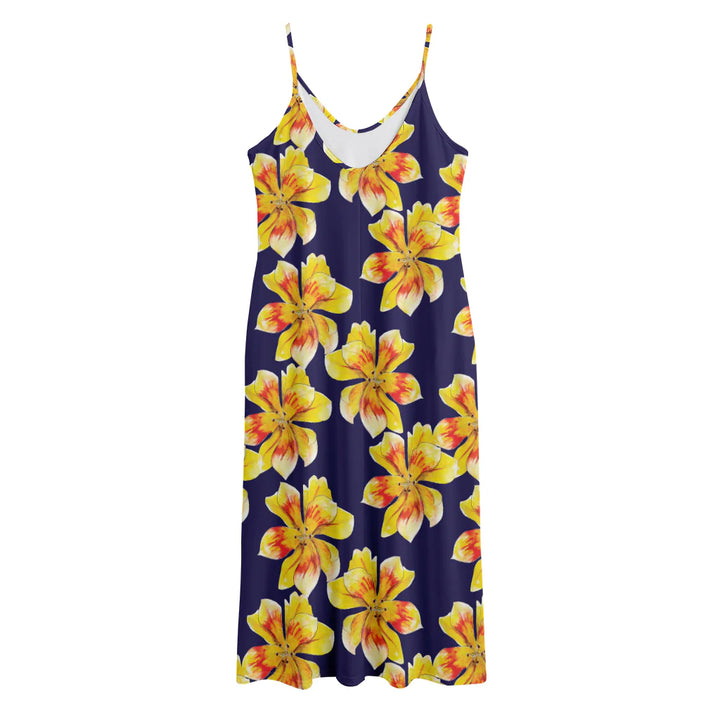 Yellow Watercolor Lily Pattern Print Jersey Midi Cami Dress