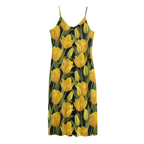 Yellow Tulip Pattern Print Jersey Midi Cami Dress