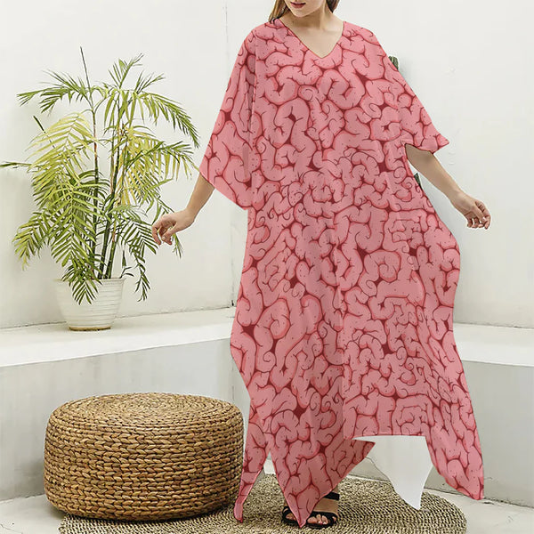 Zombie Brain Print Silk V-Neck Kaftan Dress