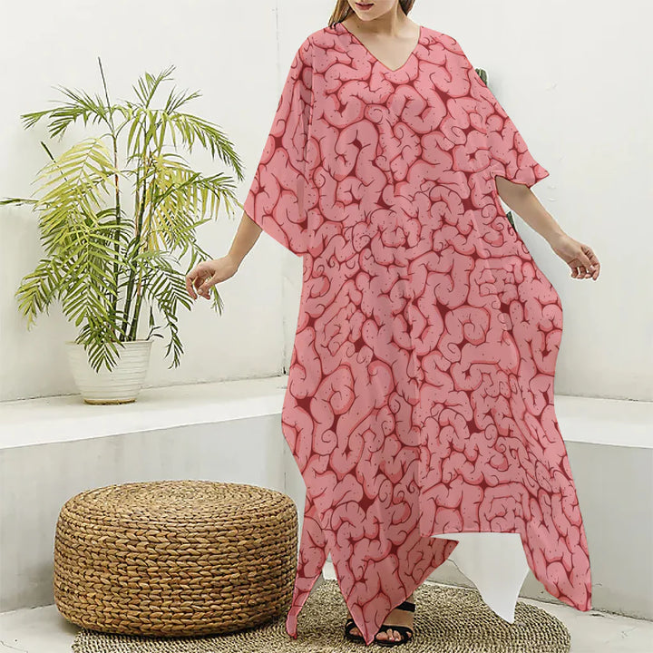 Zombie Brain Print Silk V-Neck Kaftan Dress