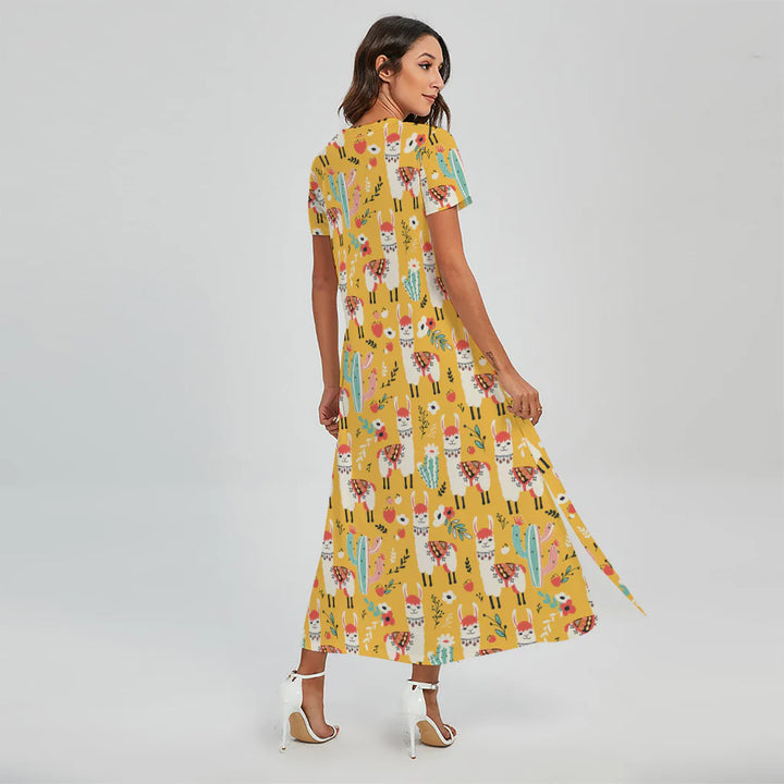 Yellow Llama Pattern Print Short Sleeve Maxi Dress