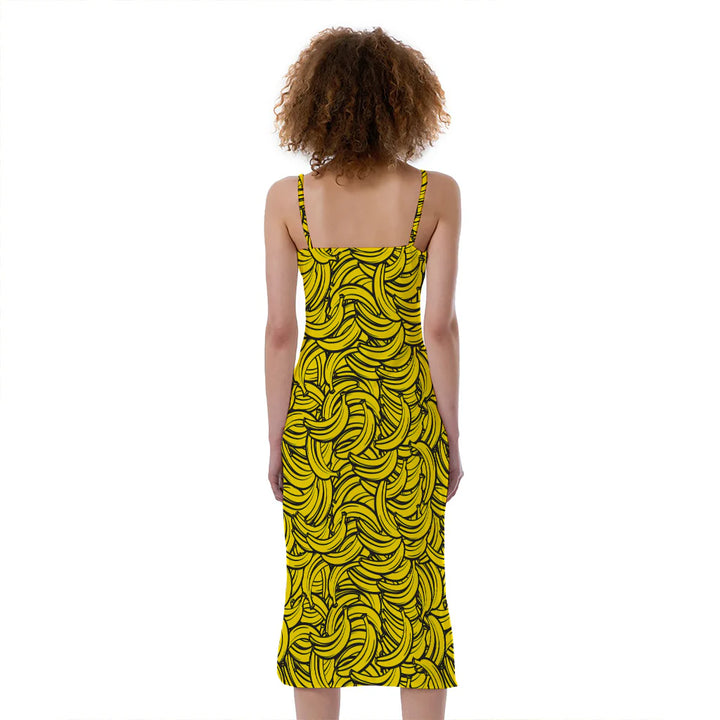 Yellow Banana Pattern Print Slim Fit Midi Cami Dress