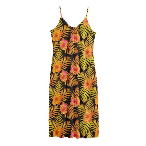 Yellow Hawaiian Tropical Pattern Print Jersey Midi Cami Dress