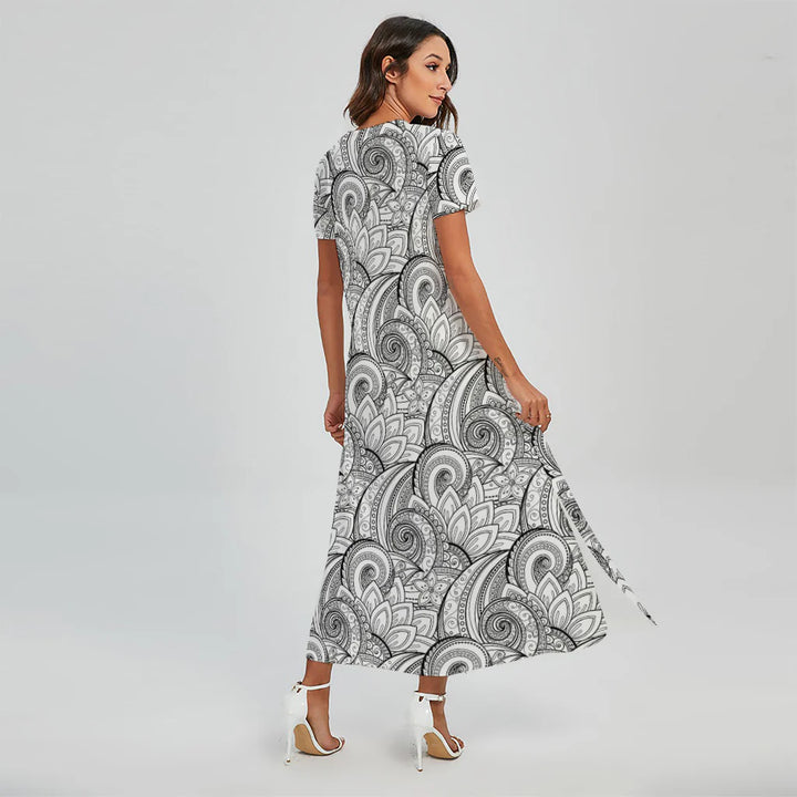 Zentangle Flower Pattern Print Short Sleeve Maxi Dress