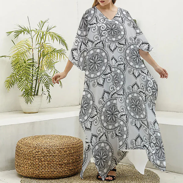 Zentangle Floral Pattern Print Silk V-Neck Kaftan Dress