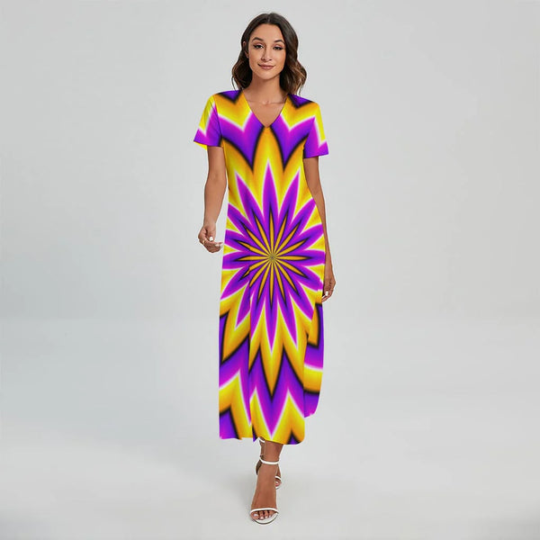 Yellow Flower Moving Optical Illusion Short Sleeve Maxi Dress