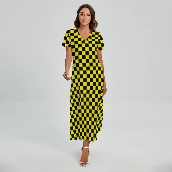 Yellow And Black Checkered Pattern Print Short Sleeve Maxi Dress