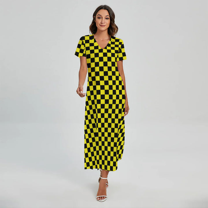 Yellow And Black Checkered Pattern Print Short Sleeve Maxi Dress