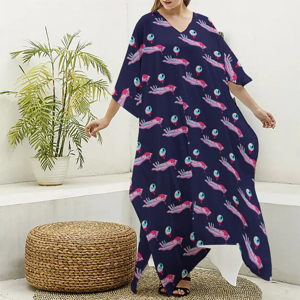 Zombie Eyeball Pattern Print Silk V-Neck Kaftan Dress