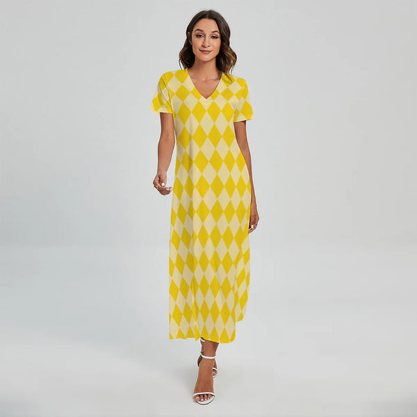 Yellow Harlequin Pattern Print Short Sleeve Maxi Dress