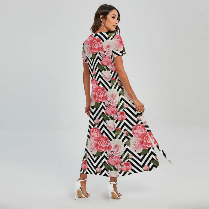 Zigzag Peony And Rose Pattern Print Short Sleeve Maxi Dress
