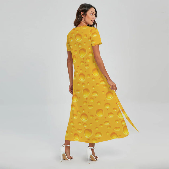Yellow Cheese Print Short Sleeve Maxi Dress