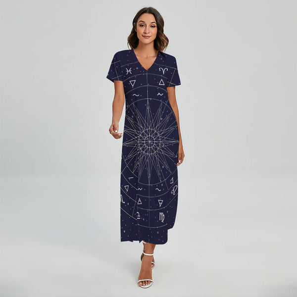 Zodiac Symbols Circle Print Short Sleeve Maxi Dress