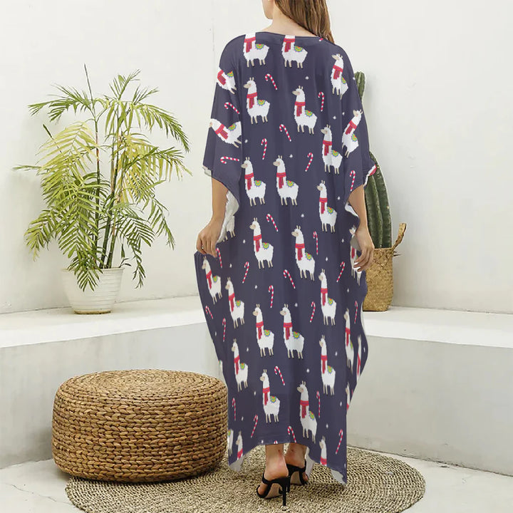 Xmas Llama Pattern Print Silk V-Neck Kaftan Dress