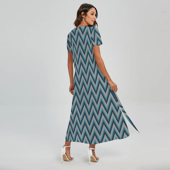 Zigzag Knitted Pattern Print Short Sleeve Maxi Dress