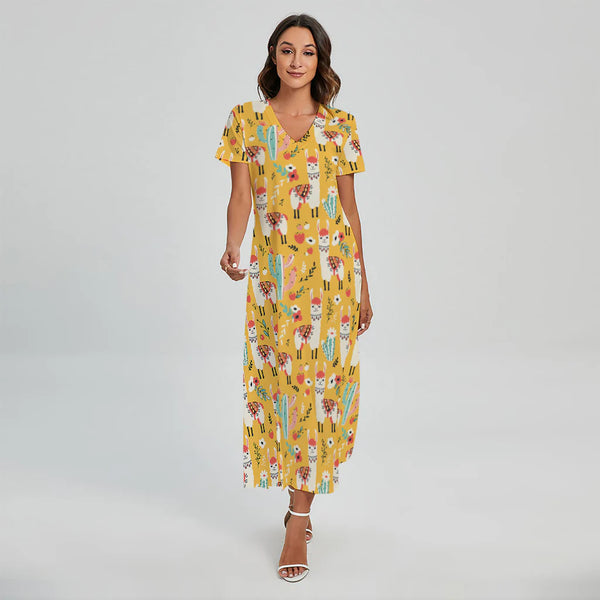 Yellow Llama Pattern Print Short Sleeve Maxi Dress