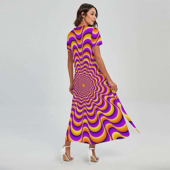 Yellow Splashing Moving Optical Illusion Short Sleeve Maxi Dress