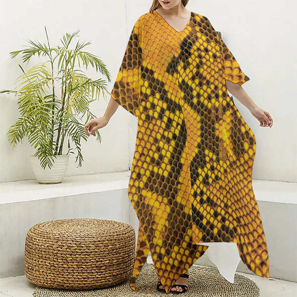 Yellow And Black Snakeskin Print Silk V-Neck Kaftan Dress