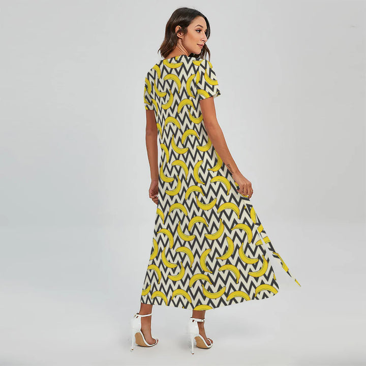 Zigzag Banana Pattern Print Short Sleeve Maxi Dress