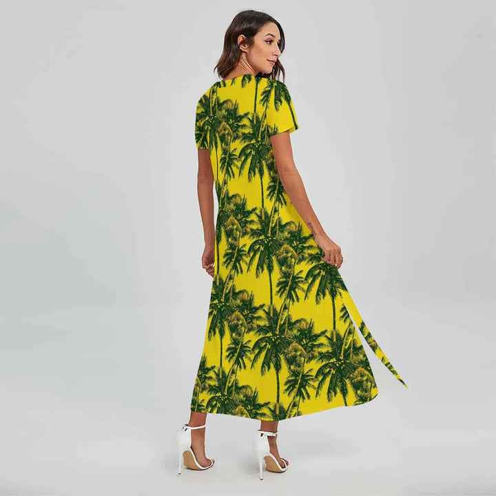Yellow Palm Tree Pattern Print Short Sleeve Maxi Dress