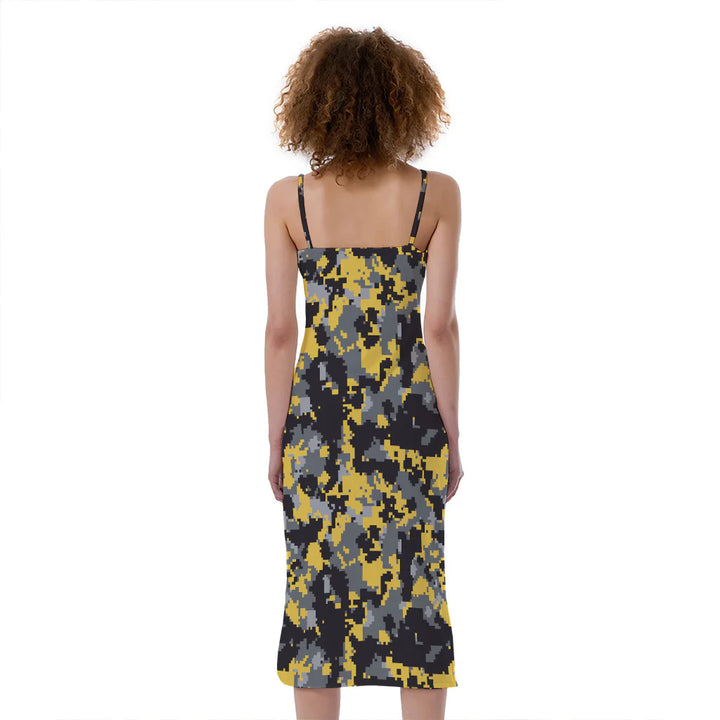 Yellow Black And Grey Digital Camo Print Slim Fit Midi Cami Dress