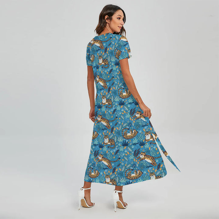 Cartoon Tiger Pattern Print Short Sleeve Maxi Dress