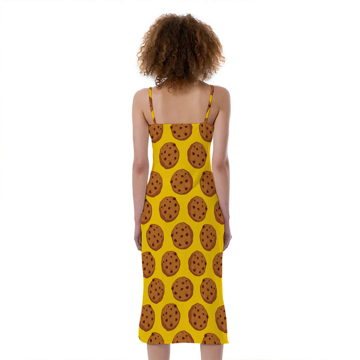 Yellow Cookie Pattern Print Slim Fit Midi Cami Dress