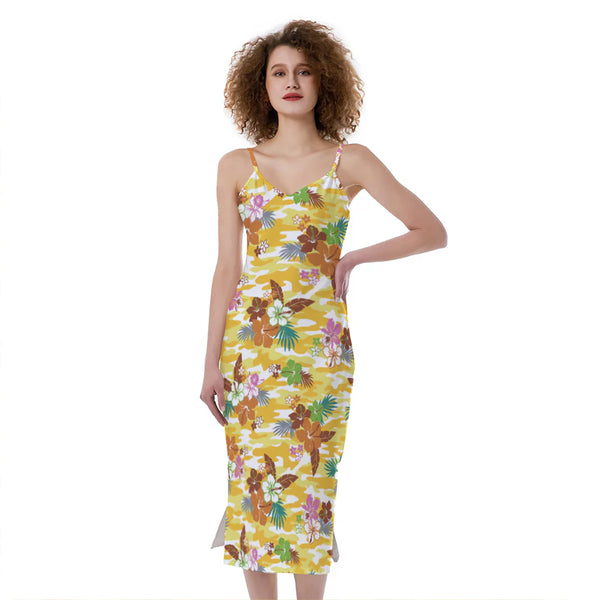 Yellow Camo And Hibiscus Flower Print Slim Fit Midi Cami Dress