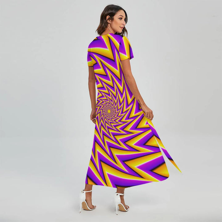 Yellow Big Bang Moving Optical Illusion Short Sleeve Maxi Dress