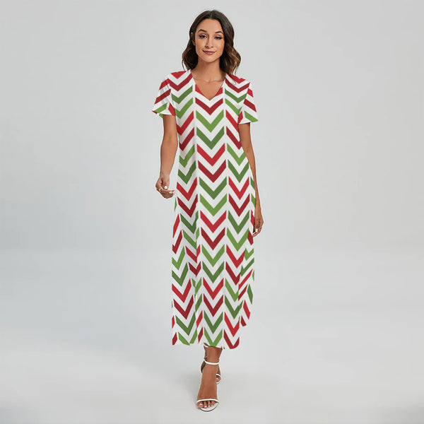 Zigzag Merry Christmas Pattern Print Short Sleeve Maxi Dress