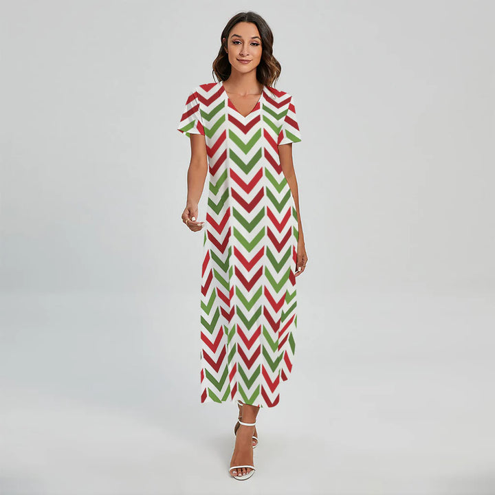Zigzag Merry Christmas Pattern Print Short Sleeve Maxi Dress