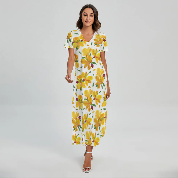 Yellow Alstroemeria Pattern Print Short Sleeve Maxi Dress