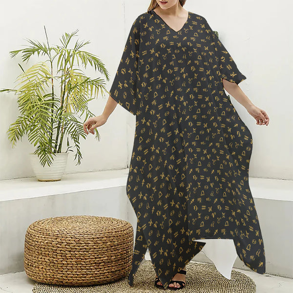 Zodiac Astrological Signs Pattern Print Silk V-Neck Kaftan Dress