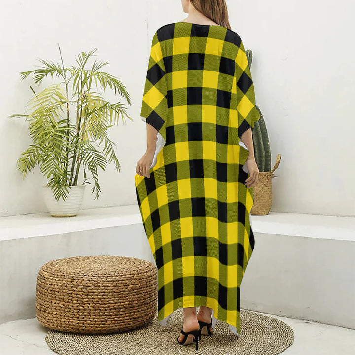 Yellow And Black Buffalo Check Print Silk V-Neck Kaftan Dress