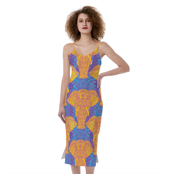 Yellow Mandala Elephant Pattern Print Slim Fit Midi Cami Dress