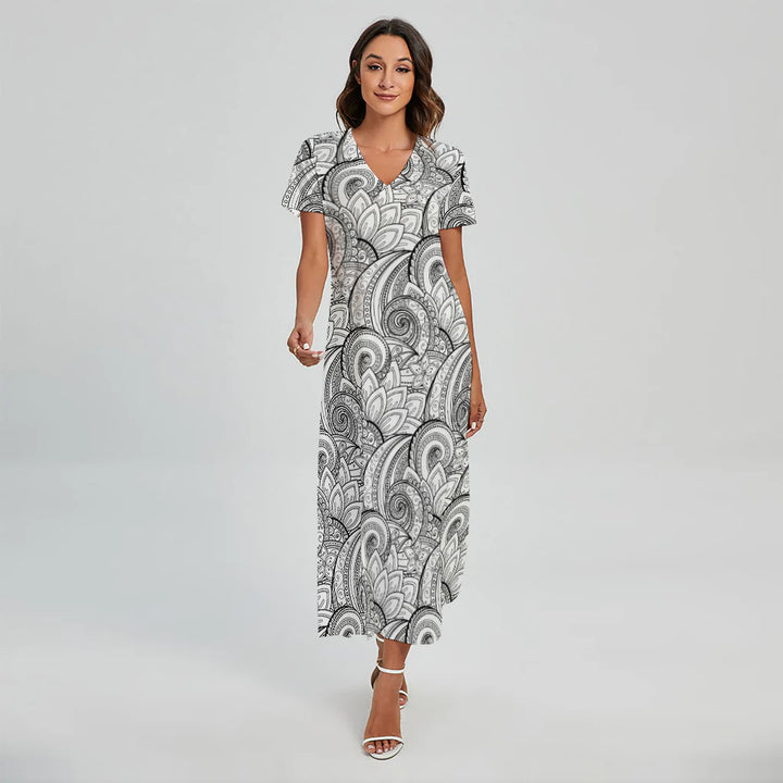 Zentangle Flower Pattern Print Short Sleeve Maxi Dress
