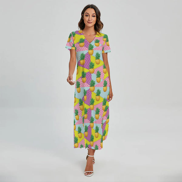 Zigzag Pineapple Pattern Print Short Sleeve Maxi Dress