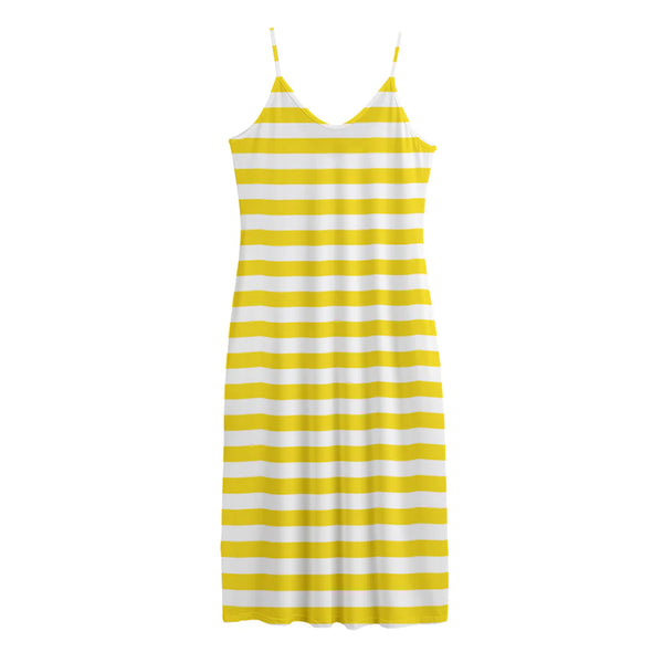 Yellow And White Striped Pattern Print Jersey Midi Cami Dress