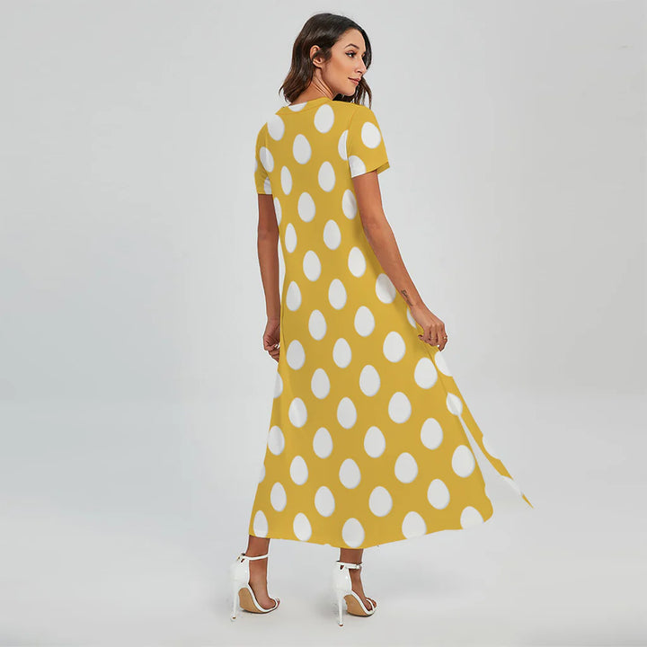 Yellow Eggs Pattern Print Short Sleeve Maxi Dress