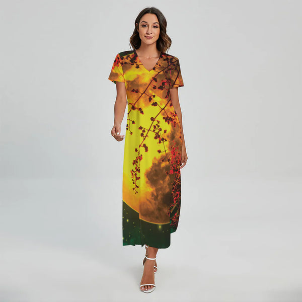 Yellow Full Moon Print Short Sleeve Maxi Dress