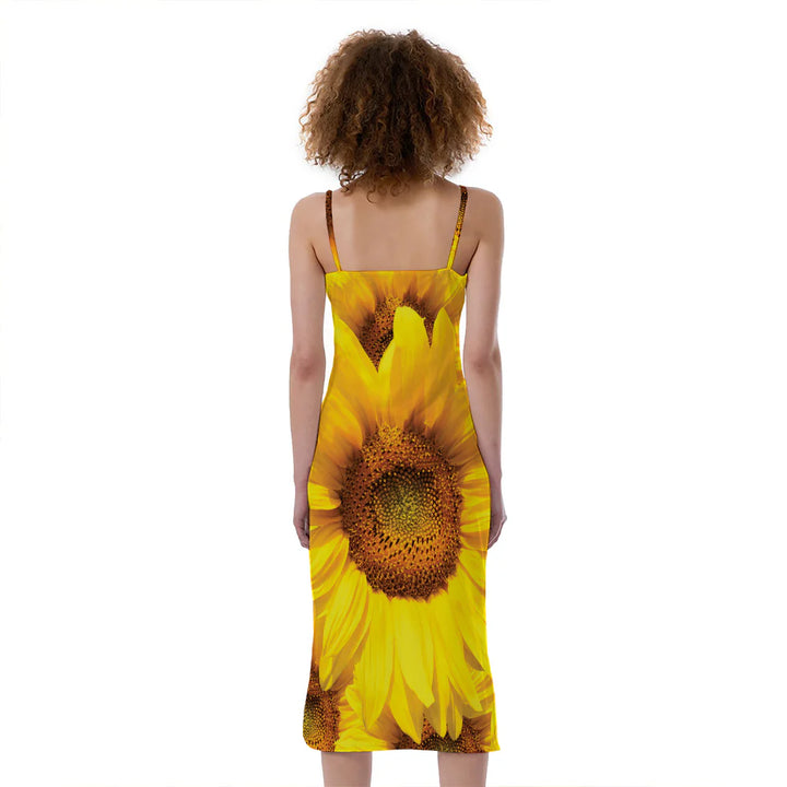 Yellow Sunflower Print Slim Fit Midi Cami Dress