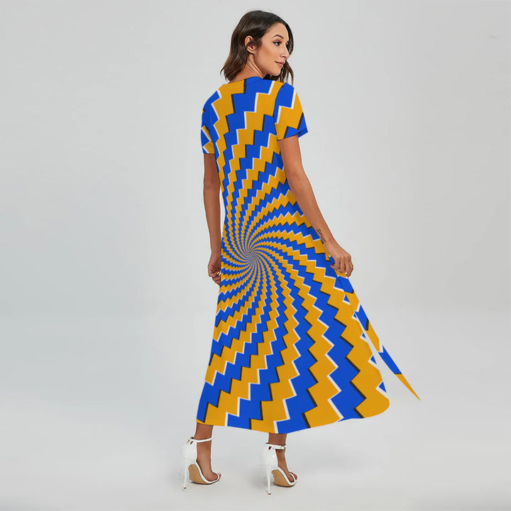 Yellow Spiral Moving Optical Illusion Short Sleeve Maxi Dress