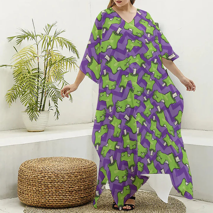Zombie Foot Pattern Print Silk V-Neck Kaftan Dress