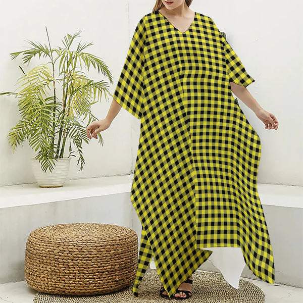 Yellow And Black Check Pattern Print Silk V-Neck Kaftan Dress